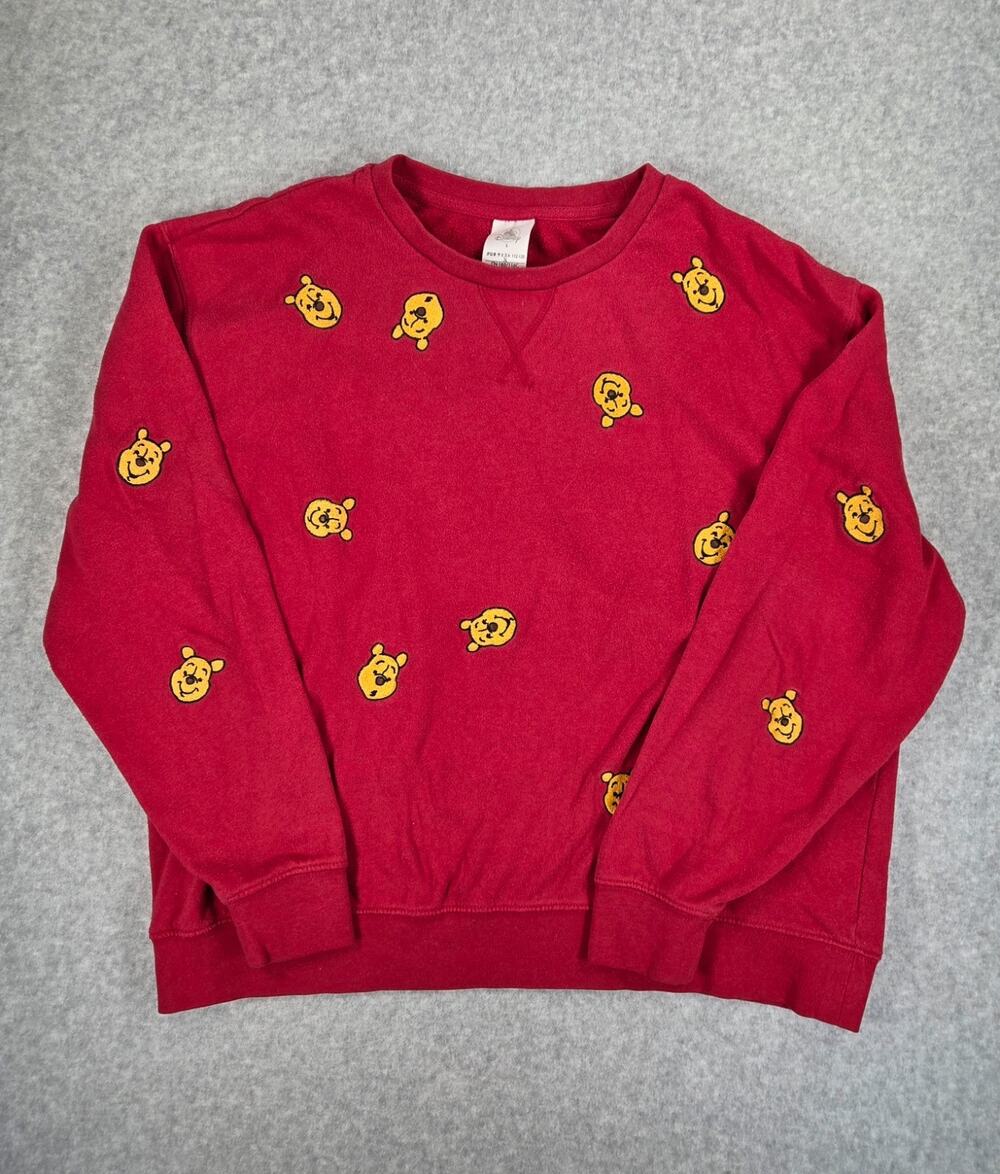Disney Winnie The Pooh Sweatshirt Womens L Large Maroon Red All Over Print Crew